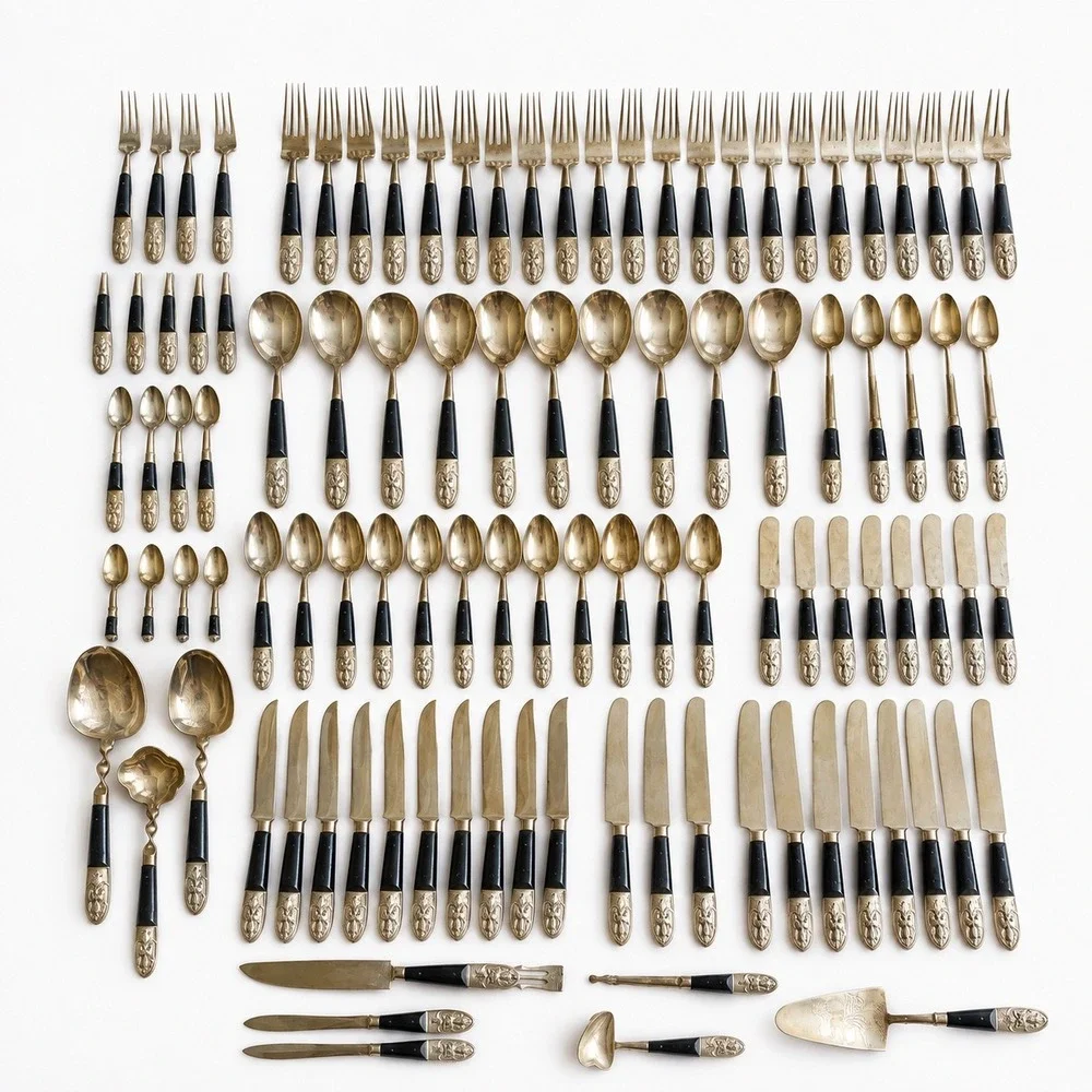 Vintage MCM Siam Thailand Silverware Bronze Brass Rosewood 115pc Set